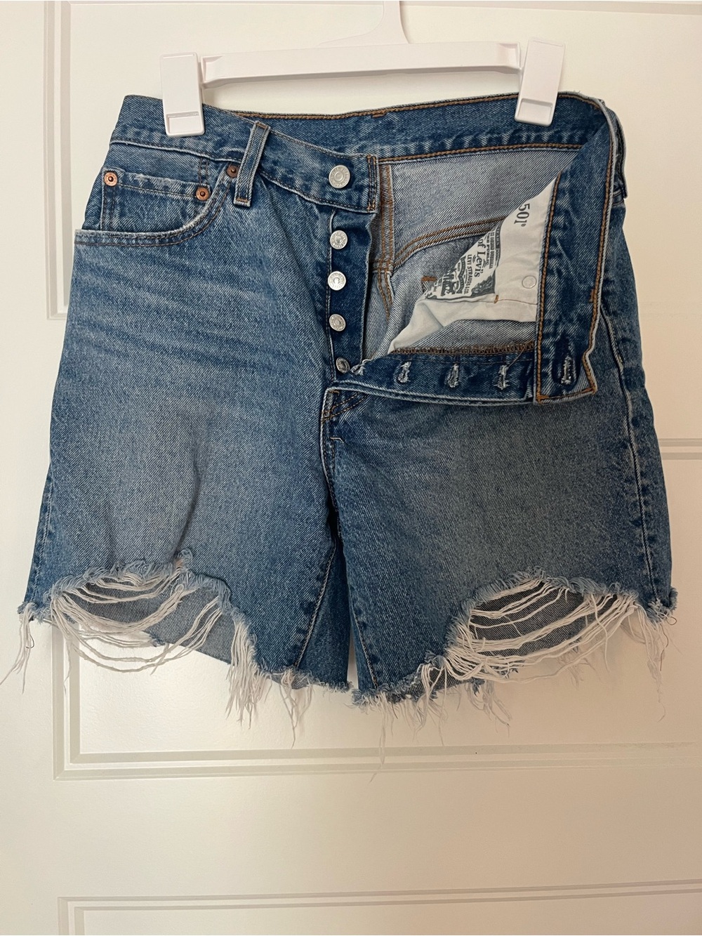Levi's 501 Blue Button-Fly Distressed Denim Shorts